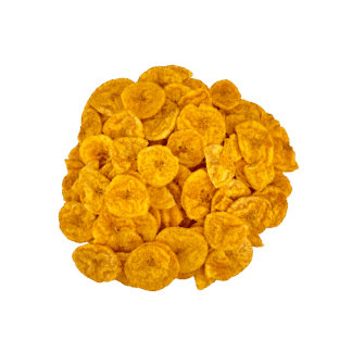 A pile of round, crispy yellow Sour Cream and Onion Plantain Chips is arranged on a plain white background.