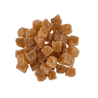 A pile of small, brown, sugar-coated Organic Crystallized Ginger cubes is displayed on a white background.